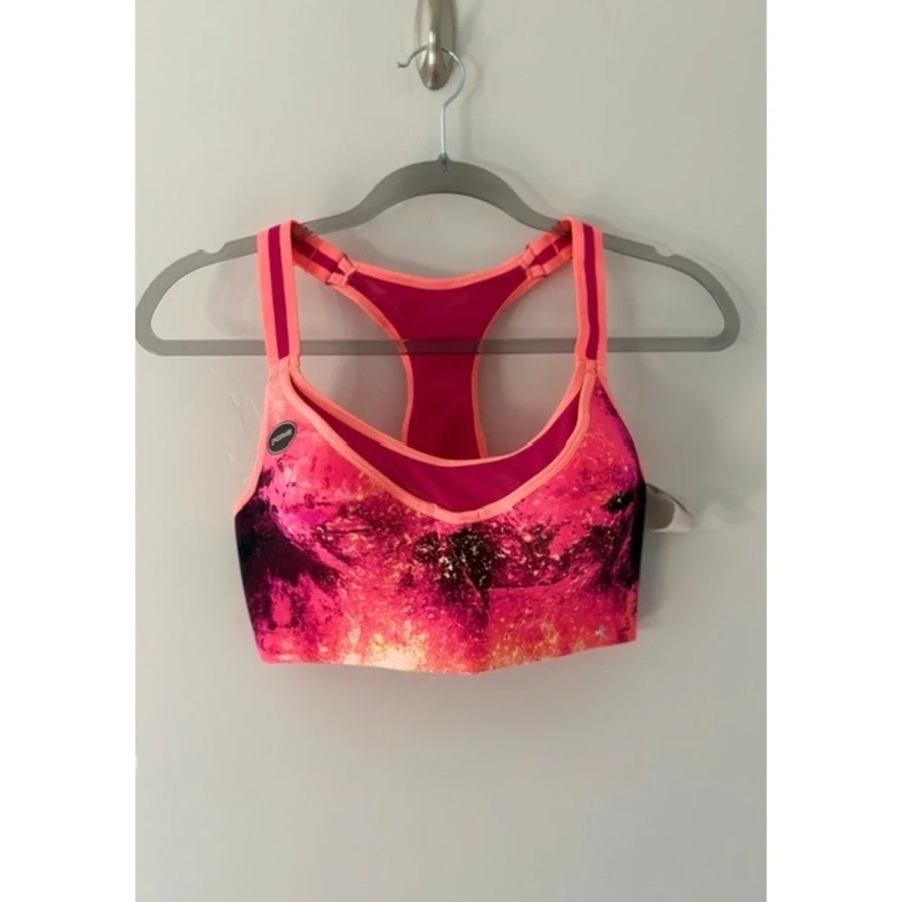 Danskin Now Womens 38D Pink Orange Galaxy Print Racerback Sports Bra NWT